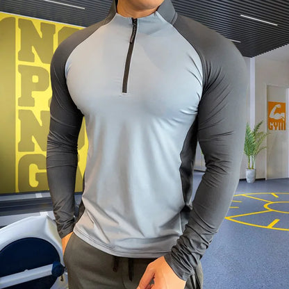 Men's Fitness Training T-shirts Tops Gym Workout Compression Sweatshirt for Running Football Jersey High Collar Sportswear