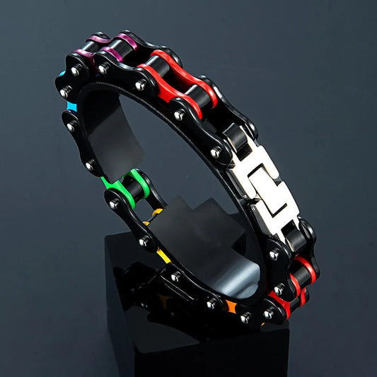 Locomotive Punk Pride Bracelet Black Stainless Steel Enamel Rainbow LGBT Bicycle Chain Bracelet For Gay Lesbian Couple Gifts