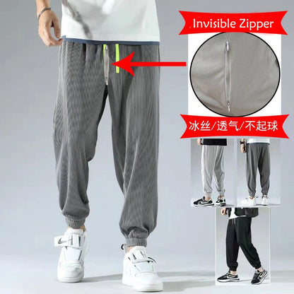 Summer Invisible Zipper Open Crotch Ice Silk Jogger Pants Thin Harem Male Oversized Sportswear Trousers