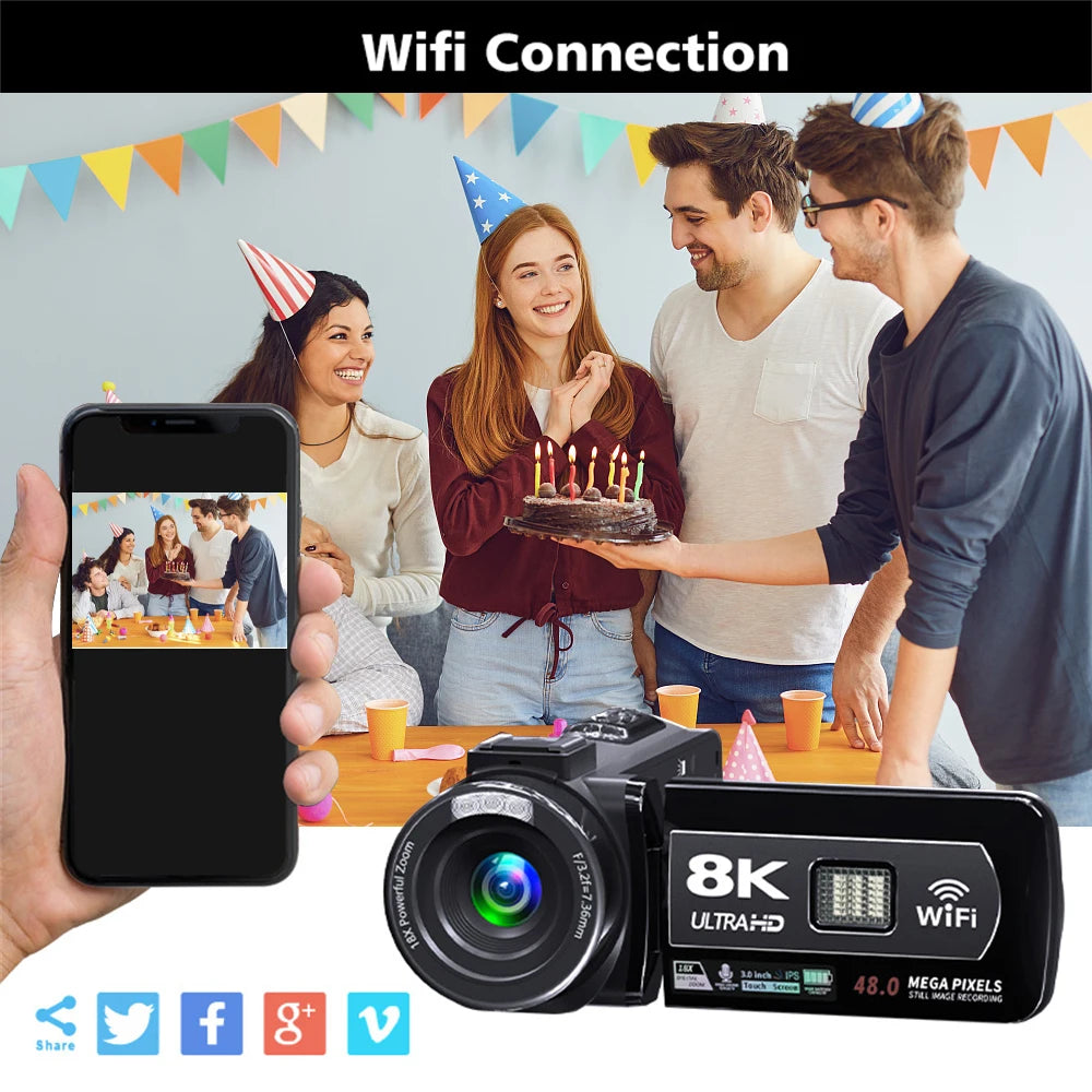 8K Digital Camera 3 Inch LCD Touch Screen 64MP 18x Digital Zoom Video Camera Recorder Ultra HD WIFI Portable Recording Camcorder