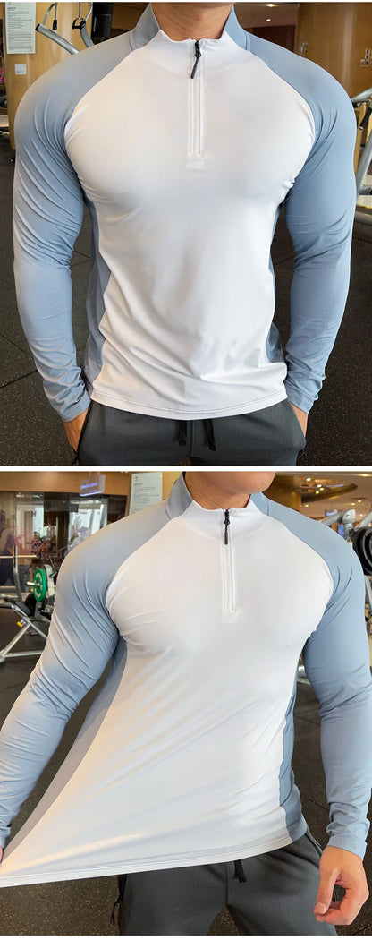 Men's Fitness Training T-shirts Tops Gym Workout Compression Sweatshirt for Running Football Jersey High Collar Sportswear