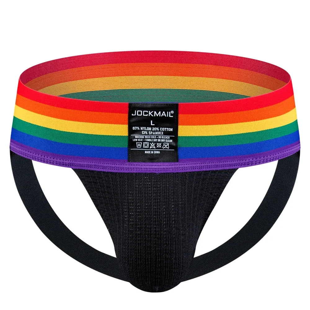 Sexy Mens Harness Underwear Sets Gay Underwear Lingerie Bondage Belts Fetish Mens Jockstrap Thong Rainbow Pattern