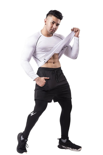 GANYANR Running Tights Men Fitness Training Track Suit Compression With Pockets winter Legging Cargo pants Sports gym 2in1 sport