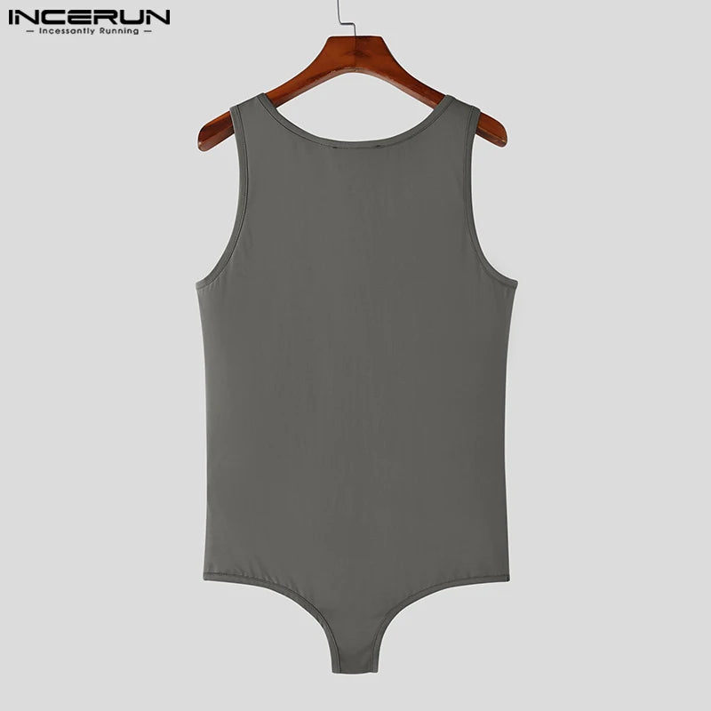 INCERUN 2023 Summer Men Bodysuits Solid O-neck Sleeveless Button Up Rompers Pajamas Skinny Sexy Male Bodysuit Underwear S-5XL 7