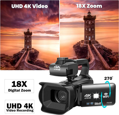 Komery 4K Video Camcorder Live Streaming Camera For Youtube 64MP WIFI 18X Zoom 4.0" Touch Screen Digital Camera Vlog Recorder