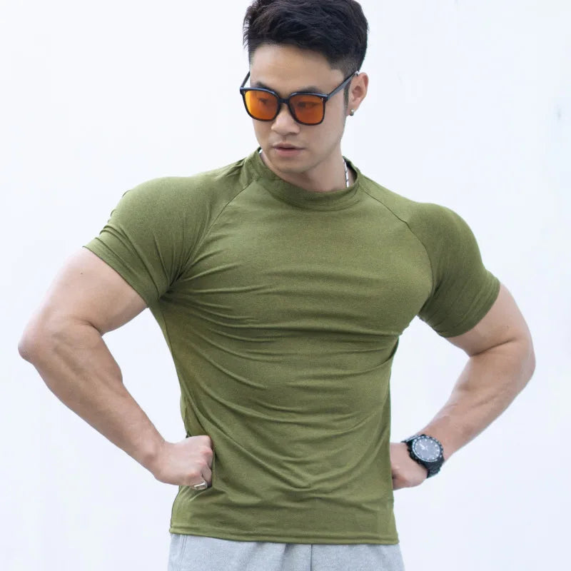 Gym Men's Summer Fitness Sports Casual Slim Men's T-shirt Short Sleeve Slim Muscle Outdoor Fashion Bodybuilding Tight Clothing