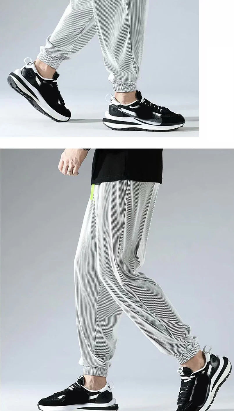 Summer Invisible Zipper Open Crotch Ice Silk Jogger Pants Thin Harem Male Oversized Sportswear Trousers