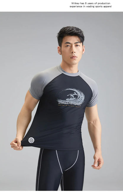 SABOLAY Men Elastic Short Sleeves Swimwear Rashguard Surf Diving Swimsuit Spearfishing Kitesurf Rash Guard Dry