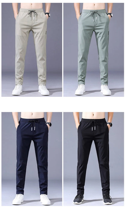 2024 Men's Trousers Spring Summer New Ultrathin Green Solid Color Fashion Pocket Applique Full Length Casual Work Pants Pantalon