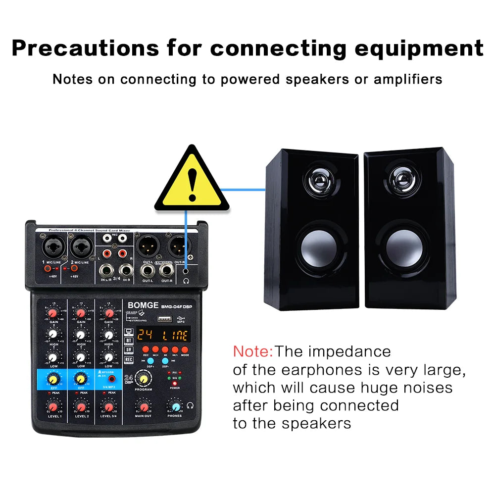 4 Channels Audio Sound Mixer Mixing DJ Console USB with 48V Phantom Power 16 DSP Effects