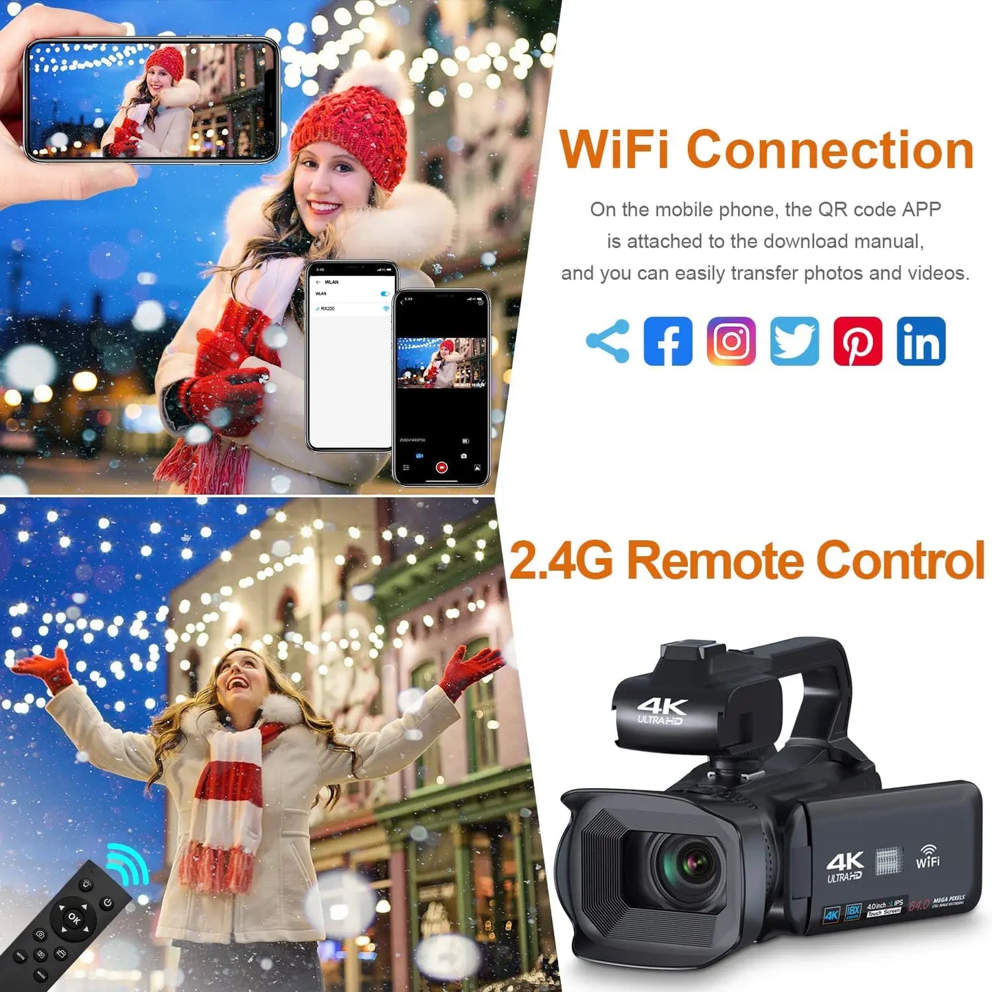 2024 Best Gift Ultra HD 64MP WIFI 4K Camcorder Video Camera for YouTube Live Streaming 18X Digital Zoom