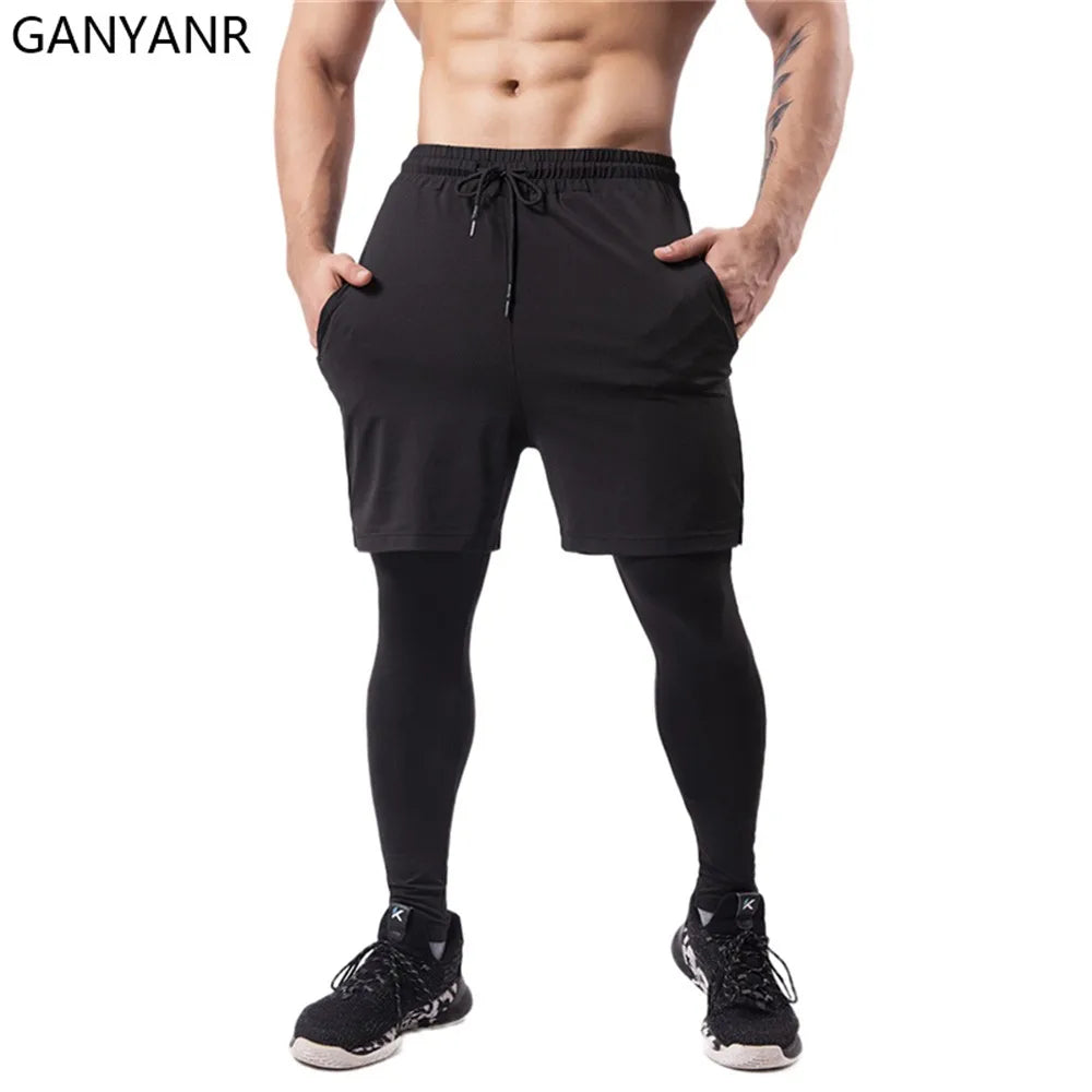 GANYANR Running Tights Men Fitness Training Track Suit Compression With Pockets winter Legging Cargo pants Sports gym 2in1 sport