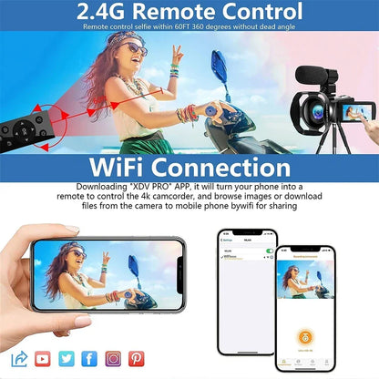 4K Professional Video Camera 48MP Ultra HD WiFi Vlog Live Stream Camera for YouTube 18X Digital Zoom 3.0" Touch Screen Camcorder