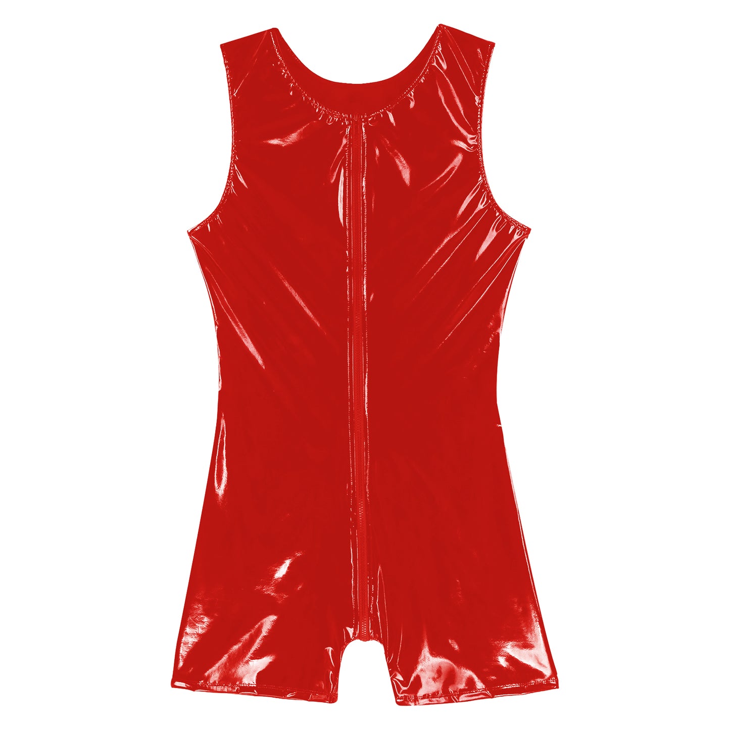 Mens Wet Look Zipper Bodysuit One Piece Patent Leather Sleeveless Jumpsuits Rave Pole Dancing Stage Performance Costume Clubwear