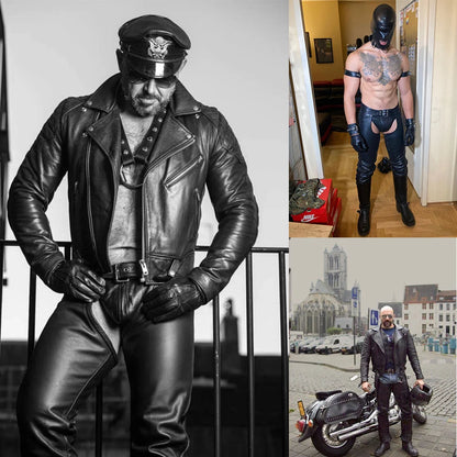 Men Cowboy Wetlook Pants With Thongs Leather Pants Sleeves Sexy Ass-less Chap Men Moto Pants Cool Outfits Stripper Adult Wear