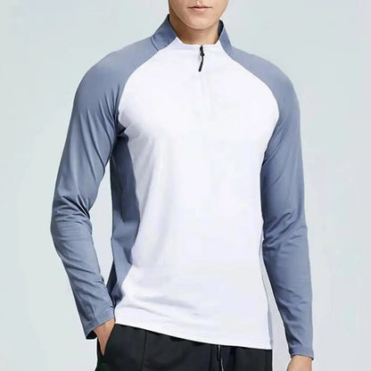 Men's  Long Sleeved Slim Fit Track Top With Half Zipper Stand Up Collar.