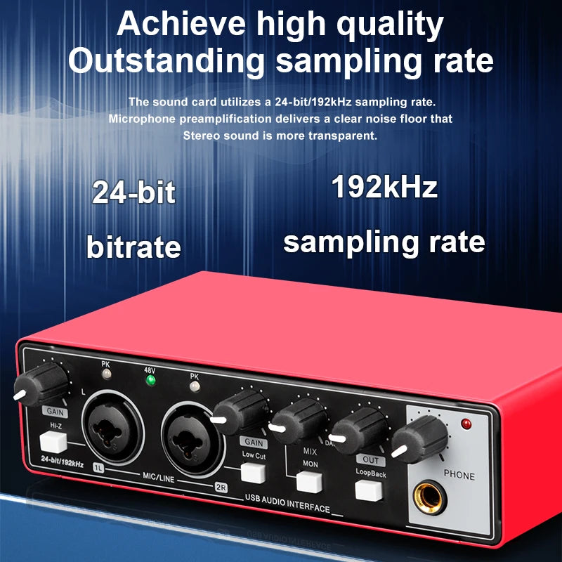 2-channel audio interface sound card with display, professional recording studio mixer for electric guitar on-site recording, 24