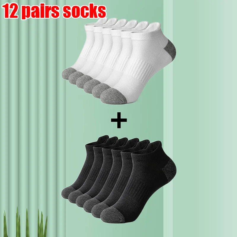 6/12 Pairs High Quality Cotton Socks Men Women Sports Solid Color Short Socks Cycling Breathable Mesh White Black Ankle Socks