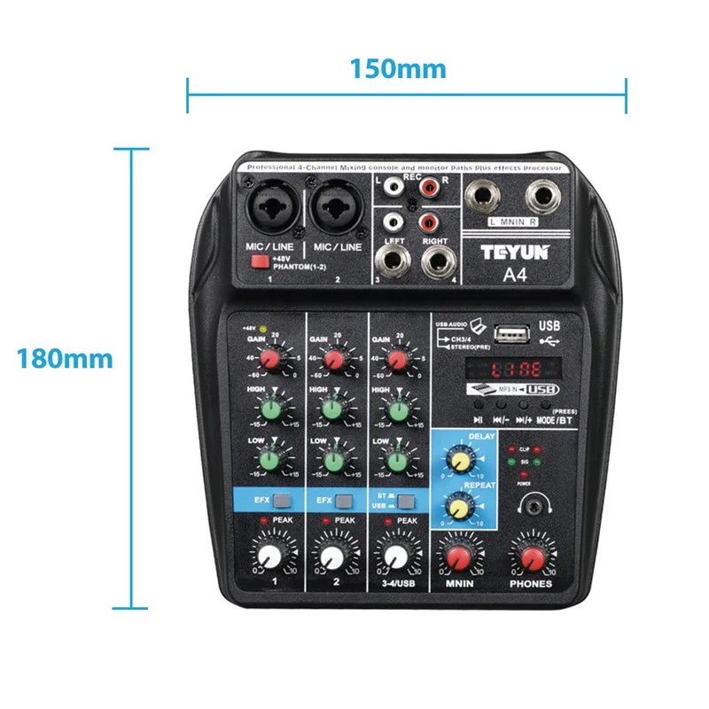 TEYUN A4 Audio Mixer 4-Channel Sound Mixing Console A8 Support Bluetooth USB 48V Power for Karaoke Party Recording Webcasting