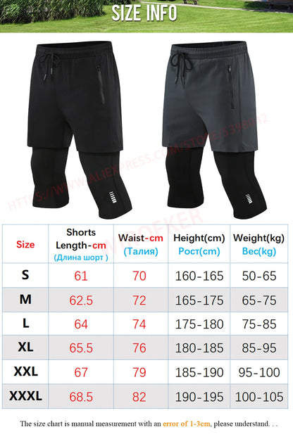 Men Sport 2 In 1 Cropped Pants Compression Running Pants Zipper Pocket Quick Dry Training Fake Two-piece Tight Leggings Pants