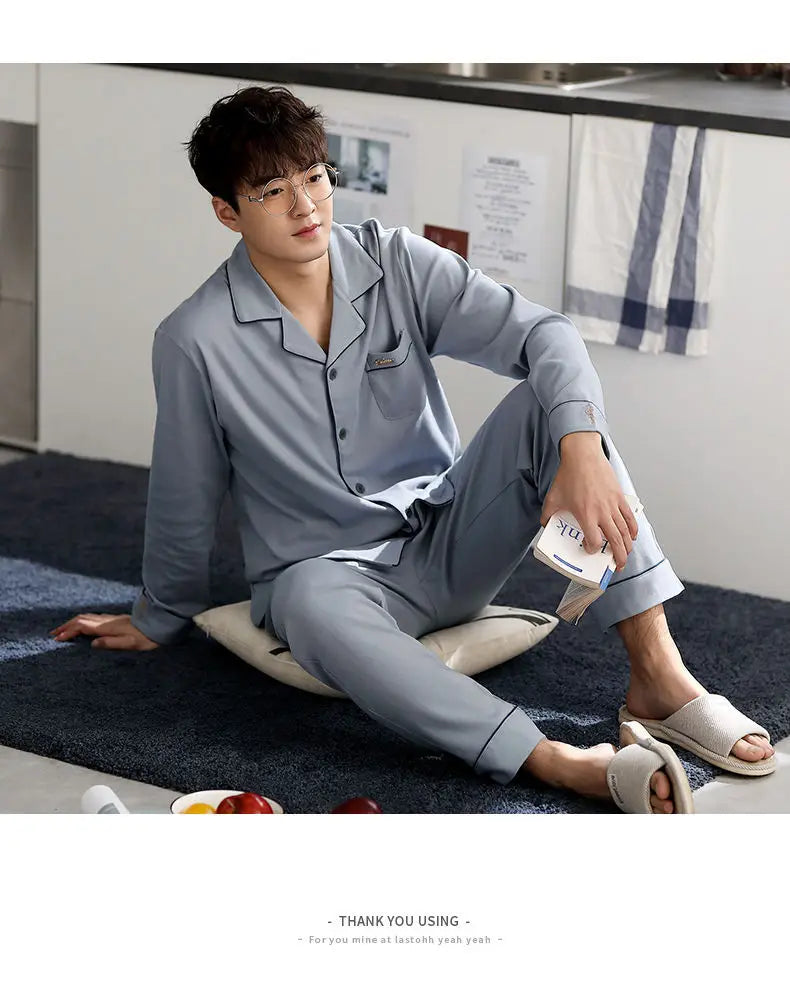 Men's Spring And Fall Cotton Pajamas Long-Sleeved Cotton Home Wear Casual Outwear Big Yards Boys Home Wear Suit