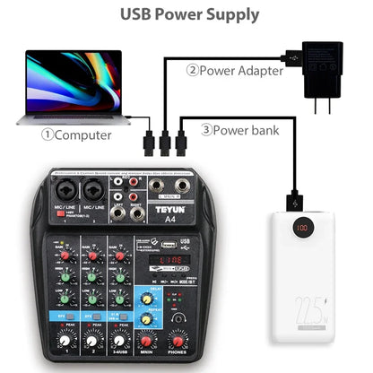 TEYUN A4 Audio Mixer 4-Channel Sound Mixing Console A8 Support Bluetooth USB 48V Power for Karaoke Party Recording Webcasting