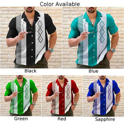 Mens Casual Vintage Bowling Shirt Retro Striped Short Sleeve Button Down Shirts Beach Shirt Men's Tops Costume