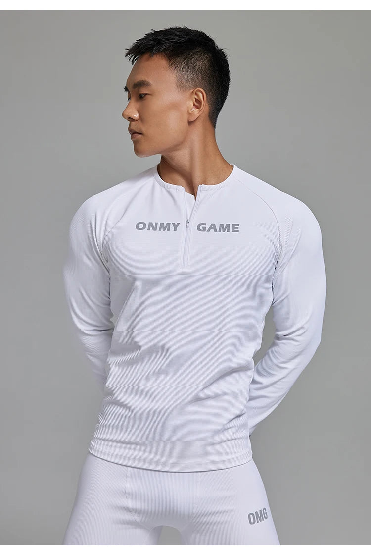 Men Sports Fitness Top Long Sleeve Zipper Neck Streetwear