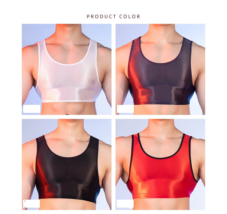 Sexy Men's Crop Tops High Elastic Satin Shiny Smooth Tanks Tops Gym Sleeveless Shirts Night Club Man Clothing Summer Short Vest