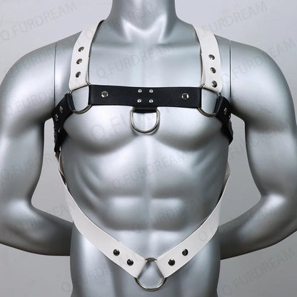 Men Black White Faux Leather Metal Rings Body Chest Harness Punk Male Leather Bondage Costume Sexy Gay Club Rave Straps Crop Top