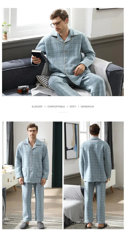 Fall & Winter Thicken Men's Pajama Sets Simple Warm Sleepwear Cotton Top Pant Leisure Outwear Soft Plus Size Loungewear 2024