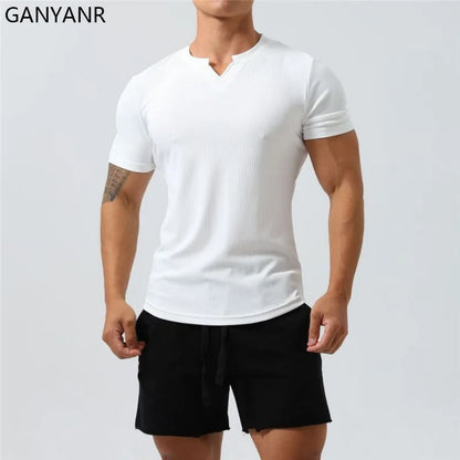 GANYANR Running T-Shirt Man Short Sleeve Fitness Compression Sports Active Wear Sportswear Gym Training Quick Dry Tee Jogging