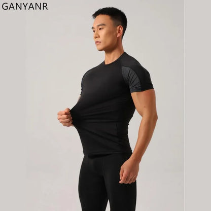 GANYANR Running T-Shirt Man Short Sleeve Fitness Compression Sports Active Wear Sportswear Gym Training Quick Dry Tee Jogging