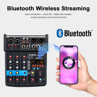 4 Channels Audio Sound Mixer Mixing DJ Console USB with 48V Phantom Power 16 DSP Effects