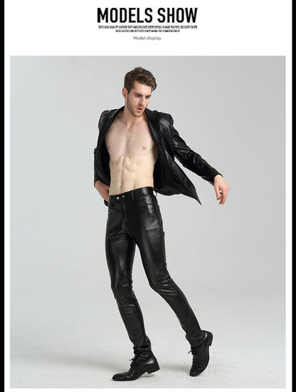 Youth Black Thin Slim-Fitting Ankle-Tied Handsome Leather Pants