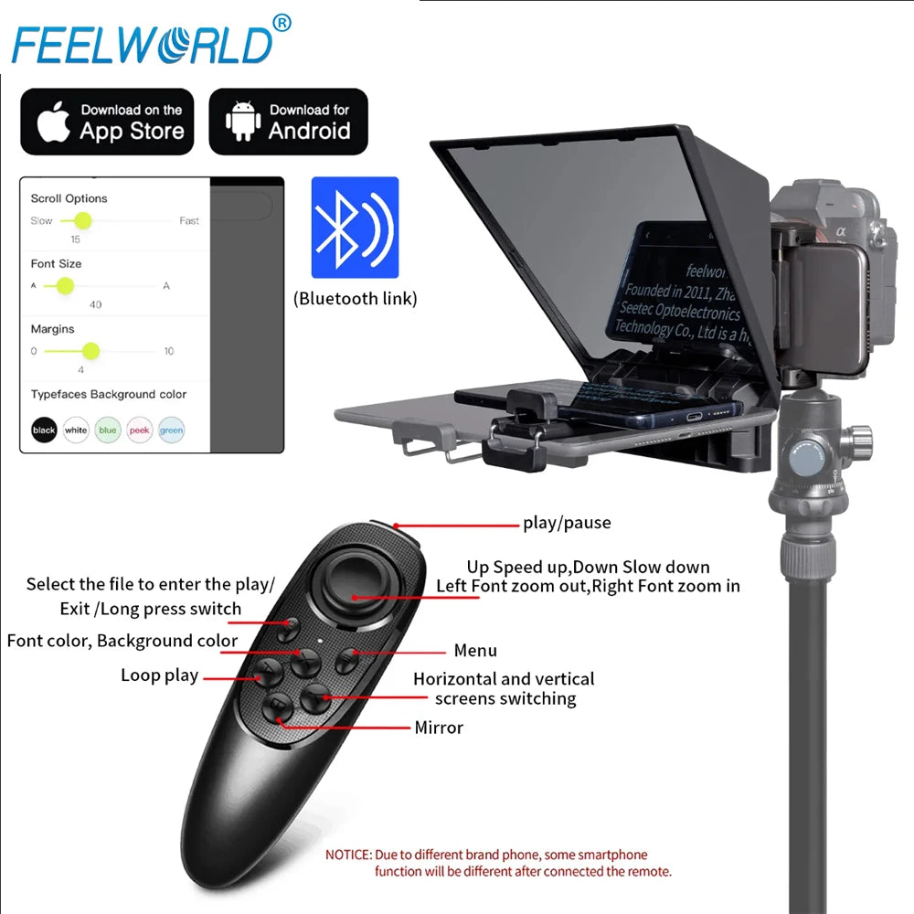 FEELWORLD TP2 Portable 8-inch Teleprompter Supports up to 8&quot; Smartphone/DSLR Shooting with Bluetooth Control Lens Adapter Rings