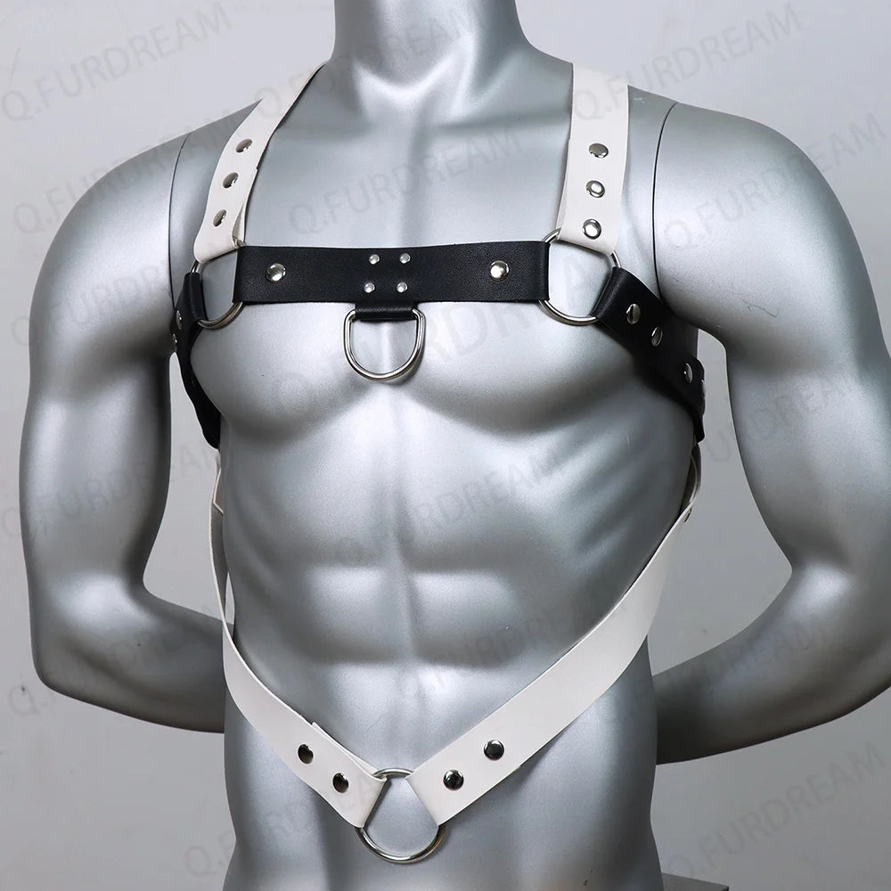 Men Black White Faux Leather Metal Rings Body Chest Harness Punk Male Leather Bondage Costume Sexy Gay Club Rave Straps Crop Top