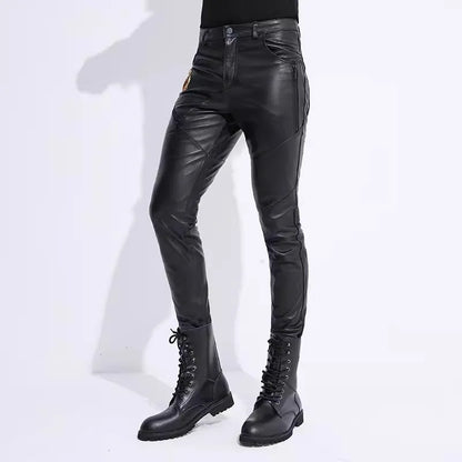 Men's Motorcycle Windproof Leather Pants, Warm Knight Pants, Slim, Cool, Sheepskin, Autumn, Winter