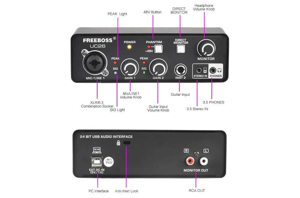 FREEBOSS PC Recording Sound Card Drive Free 5 Channels DIR Monitor Computer External Audio Interface Guitar ASIO4ALL Mac OS UC26