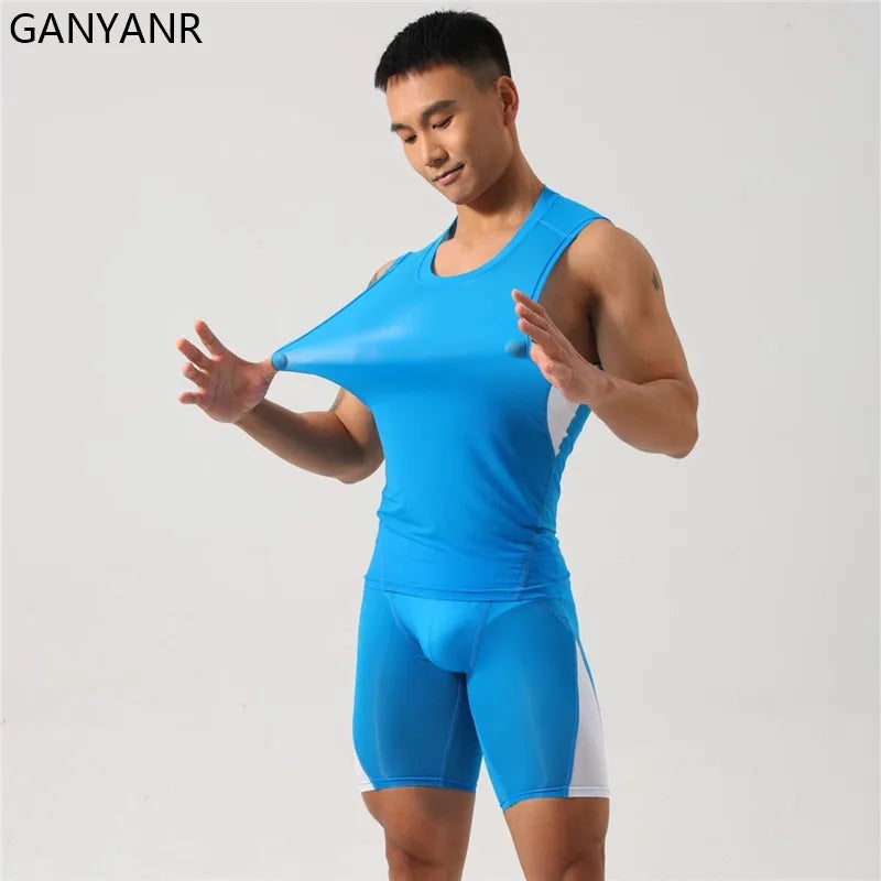 GANYANR Running Set Men leggings Clothing Sweatshirt gym suit Football basketball Soccer Tracksuit Sportswear Yoga shorts tights