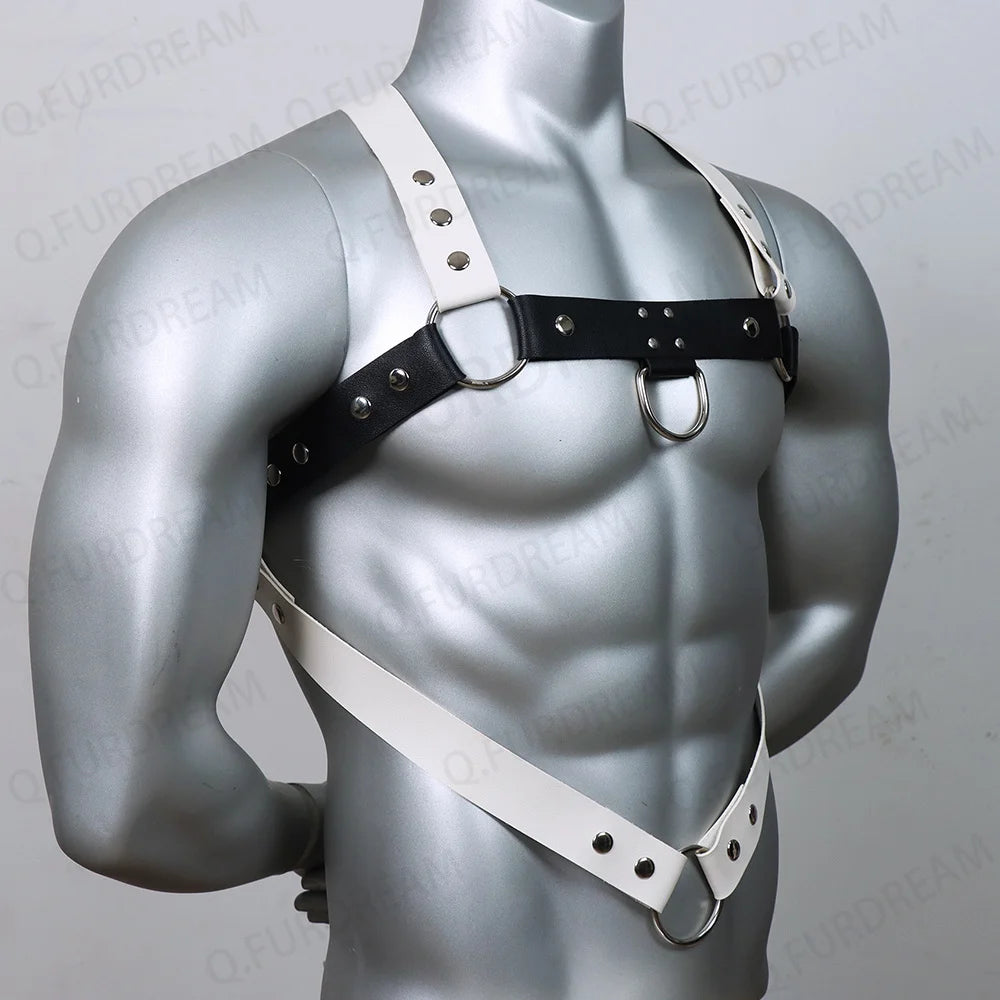 Men Black White Faux Leather Metal Rings Body Chest Harness Punk Male Leather Bondage Costume Sexy Gay Club Rave Straps Crop Top