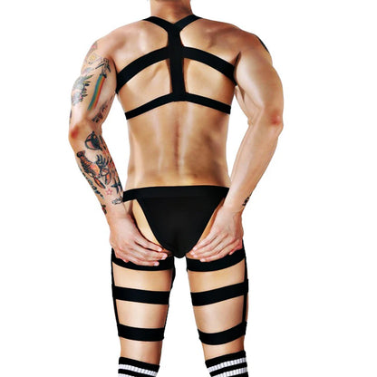 Male Erotic Fetish Costume Strap Lingerie Body Harness Stockings Sexy Mens Jockstrap Thigh Suspender Briefs with Bandage Belt