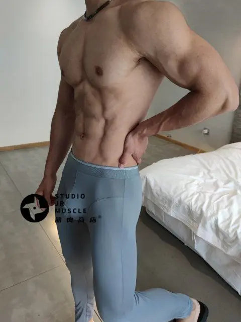 Sexy Mens Grey Ultra-thin Transparent Leggings Long Johns Lounge Tight Pants Underwears