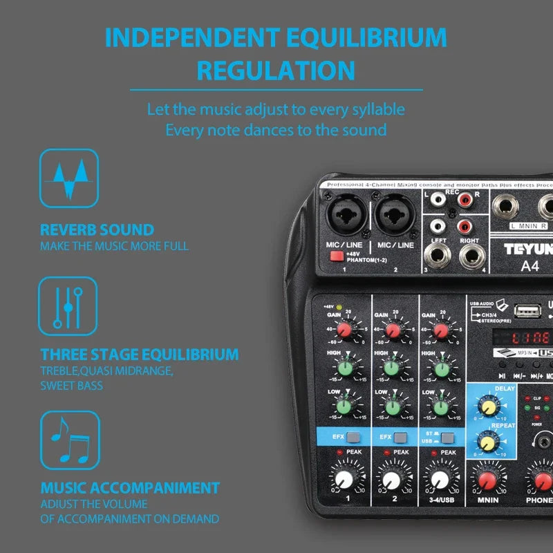 TEYUN A4 Audio Mixer 4-Channel Sound Mixing Console A8 Support Bluetooth USB 48V Power for Karaoke Party Recording Webcasting