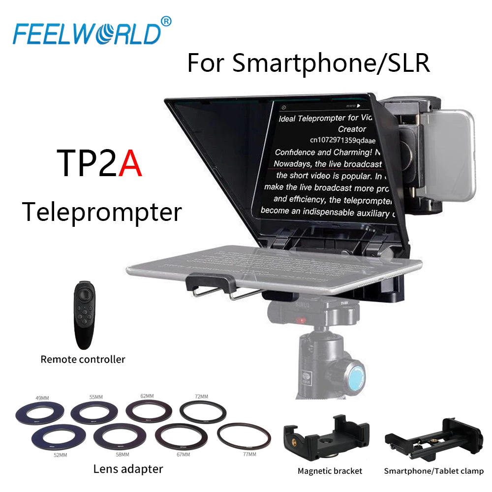 FEELWORLD TP2 Portable 8-inch Teleprompter Supports up to 8&quot; Smartphone/DSLR Shooting with Bluetooth Control Lens Adapter Rings