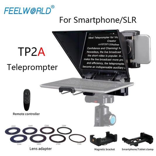 FEELWORLD TP2 Portable 8-inch Teleprompter Supports up to 8" Smartphone/DSLR Shooting with Bluetooth Control Lens Adapter Rings