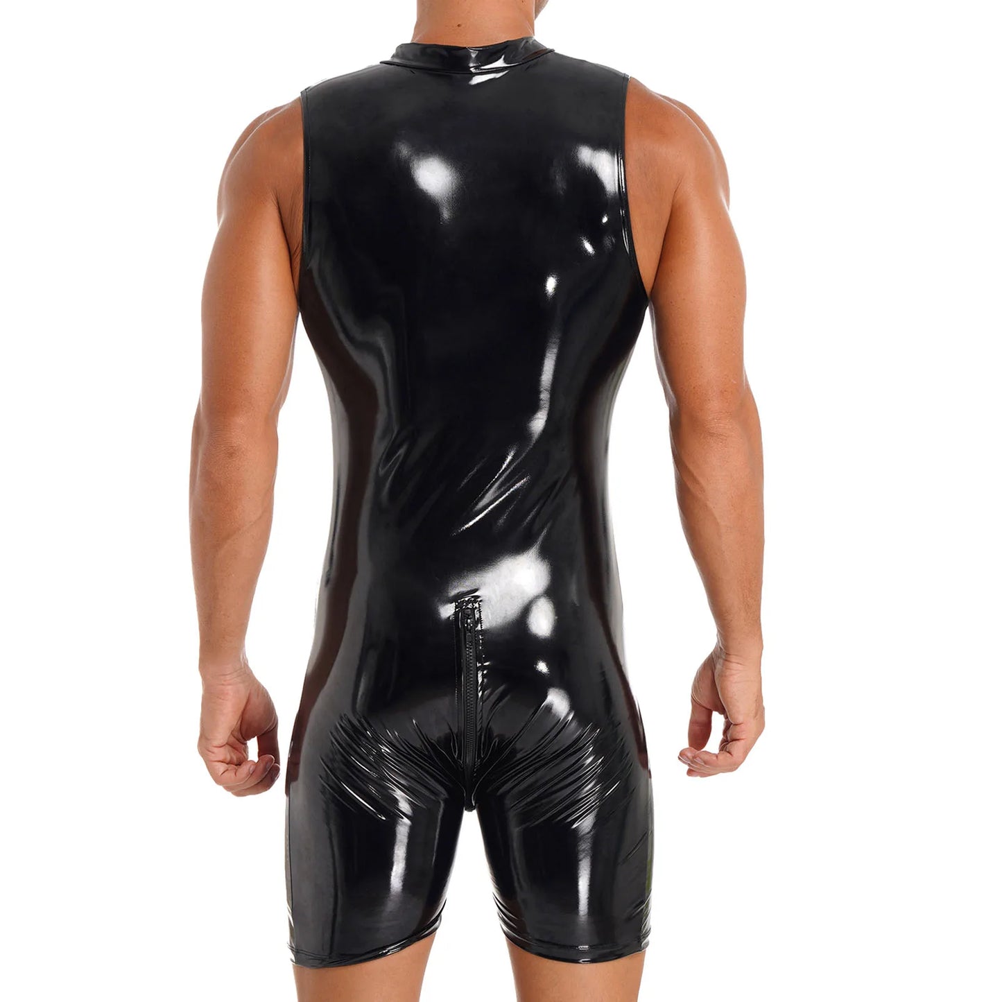 Mens Wet Look Zipper Bodysuit One Piece Patent Leather Sleeveless Jumpsuits Rave Pole Dancing Stage Performance Costume Clubwear