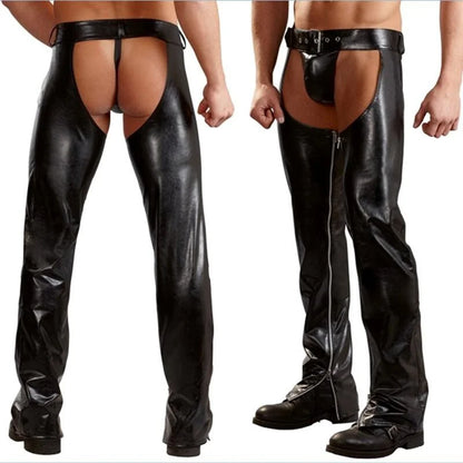 Men Cowboy Wetlook Pants With Thongs Leather Pants Sleeves Sexy Ass-less Chap Men Moto Pants Cool Outfits Stripper Adult Wear