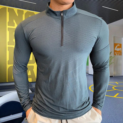 Men's Fitness Training T-shirts Tops Gym Workout Compression Sweatshirt for Running Football Jersey High Collar Sportswear