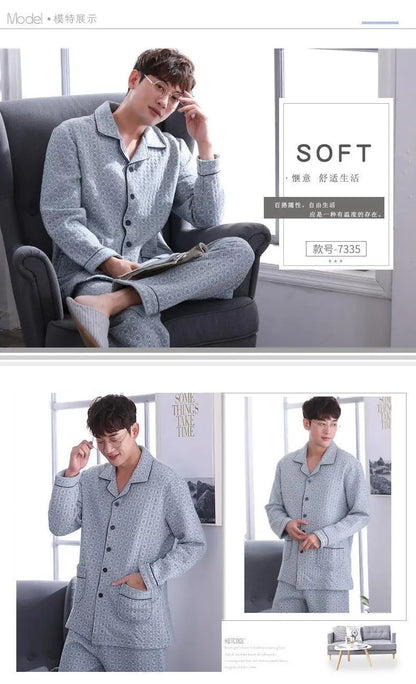 Fall & Winter Thicken Men's Pajama Sets Simple Warm Sleepwear Cotton Top Pant Leisure Outwear Soft Plus Size Loungewear 2024